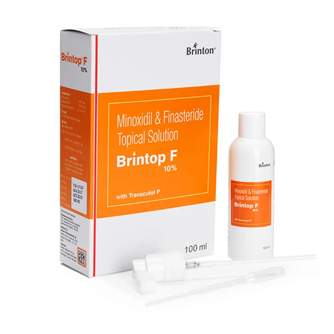 Brintop F topical solution packaging with a white bottle and applicators.