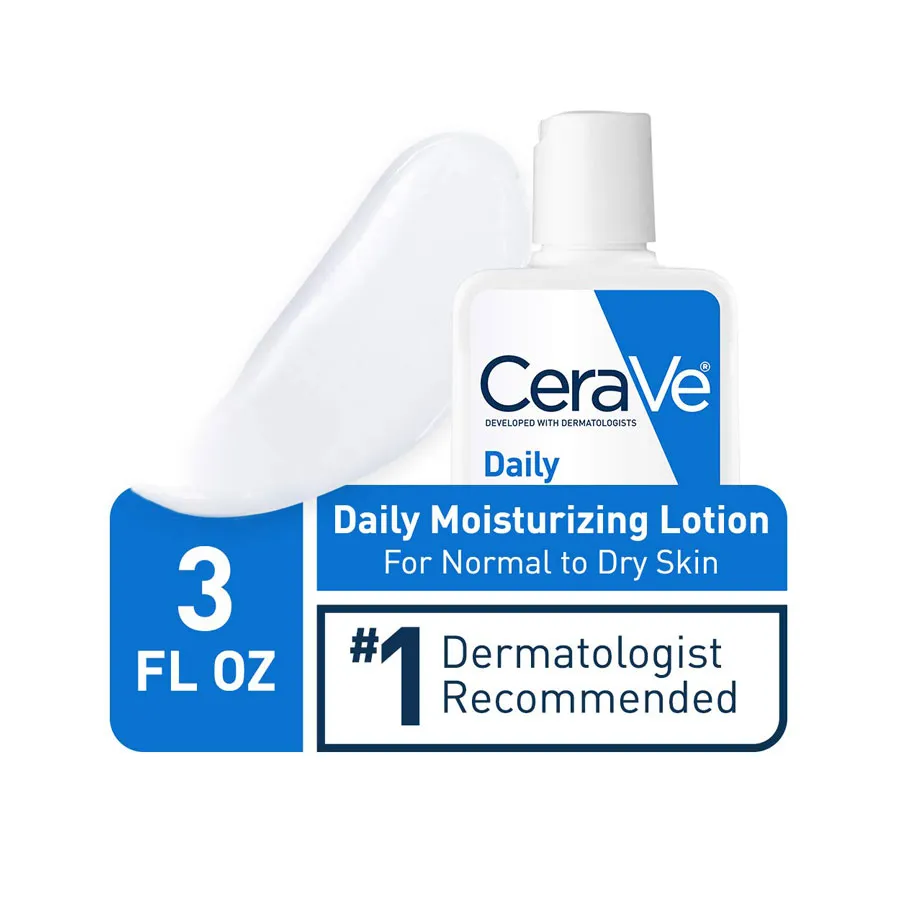 CeraVe Daily Moisturizing Lotion bottle, 3 fl oz, with white lotion smear in background.