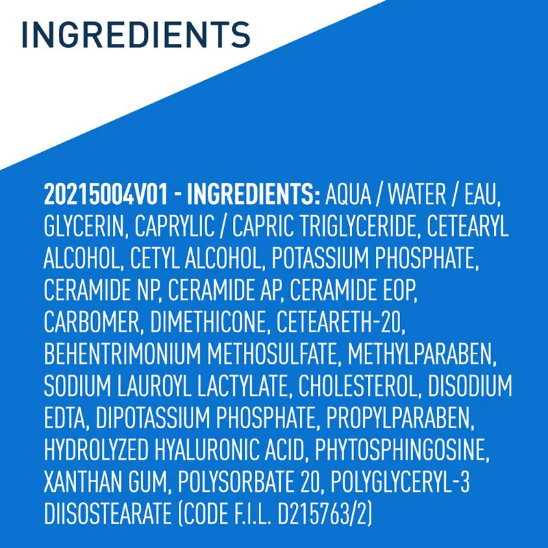 List of product ingredients on a blue and white background.