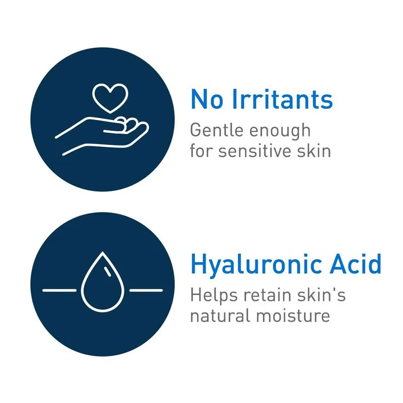 Two blue circles with icons: a hand with a heart and a droplet, highlighting skincare benefits.