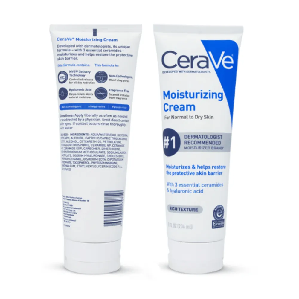 Two tubes of CeraVe Moisturizing Cream shown front and back on a white background.