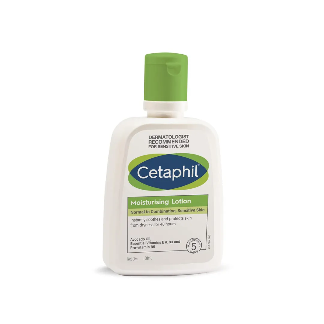 Cetaphil moisturizing lotion bottle with green cap on white background.