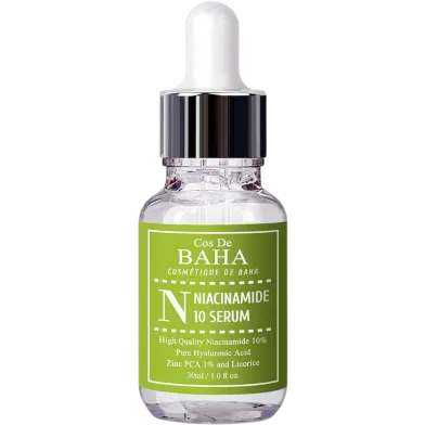 Clear glass dropper bottle with a green label for Cos De BAHA Niacinamide 10 Serum.