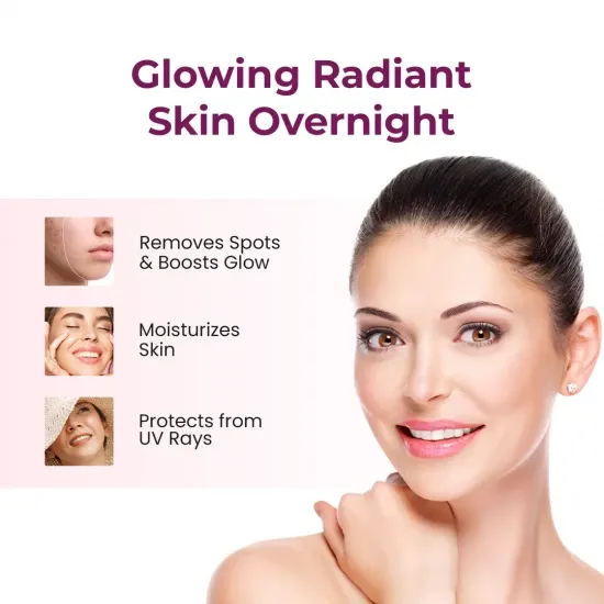 Smiling woman with clear skin, skincare benefits listed beside her on a white background.