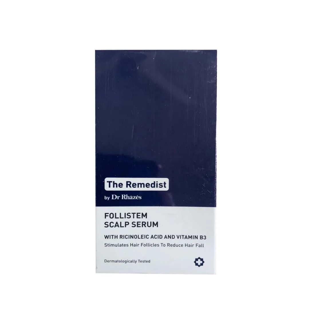 Navy and white box of The Remedy Follistem Scalp Serum by Dr. Braun.