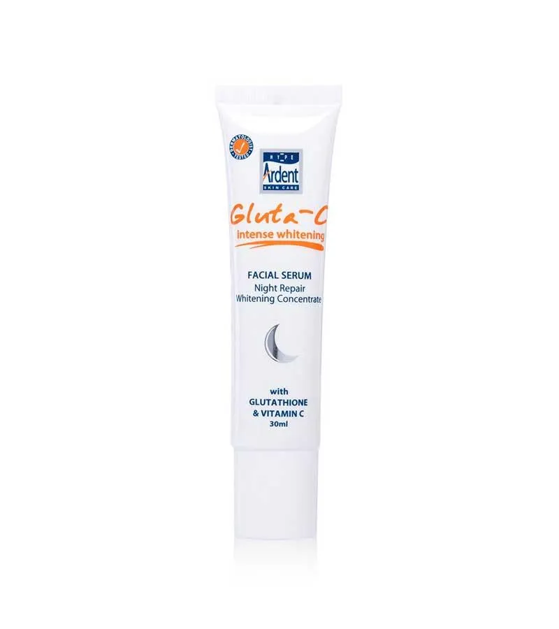 White tube of facial serum with blue and orange label details.