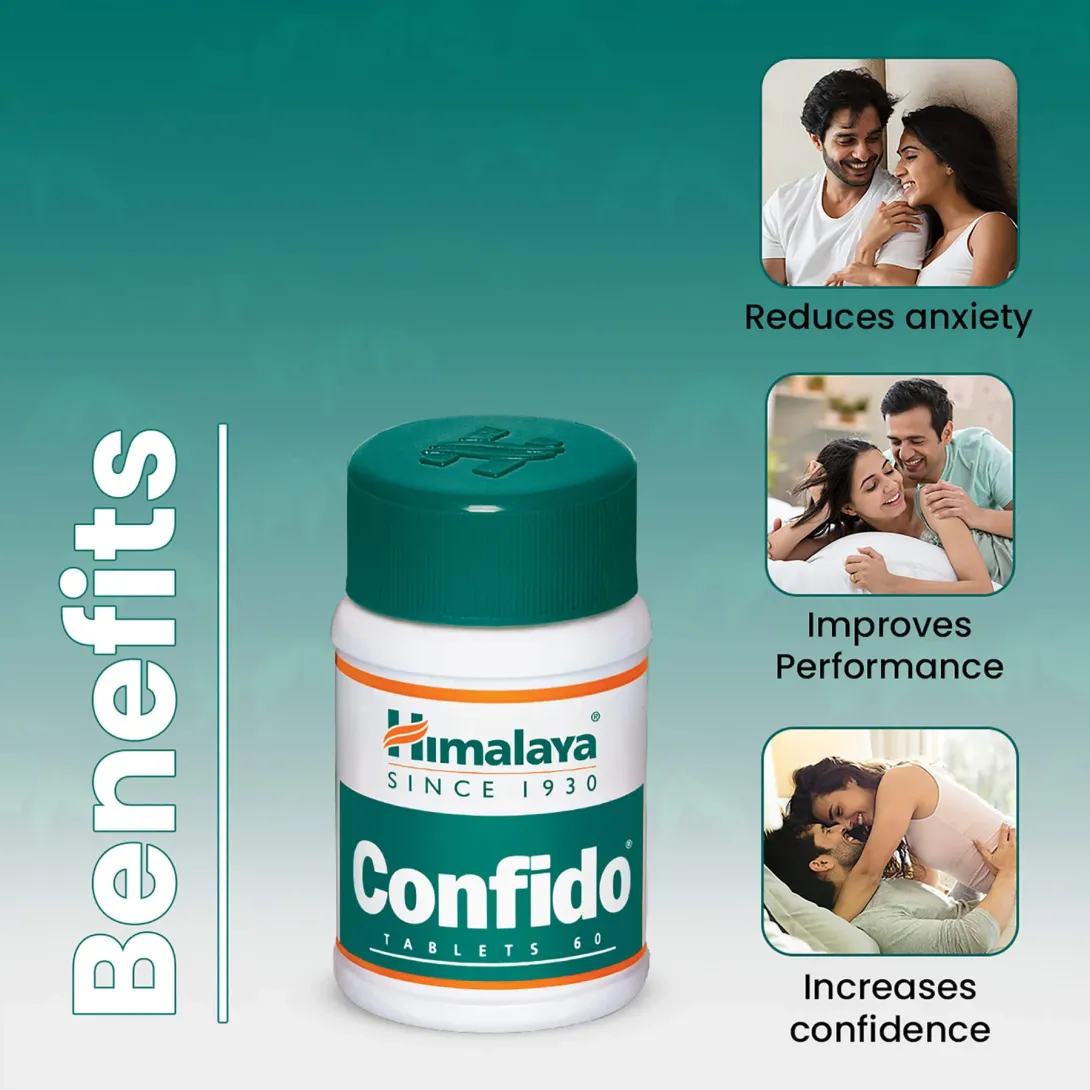 Himalaya Confido bottle with three small photos showing couples and listed health benefits.