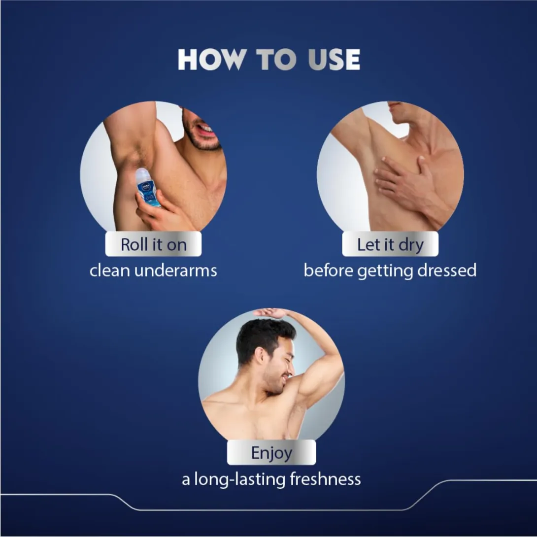 Man applying roll-on deodorant, letting it dry, and enjoying freshness, on a blue background.