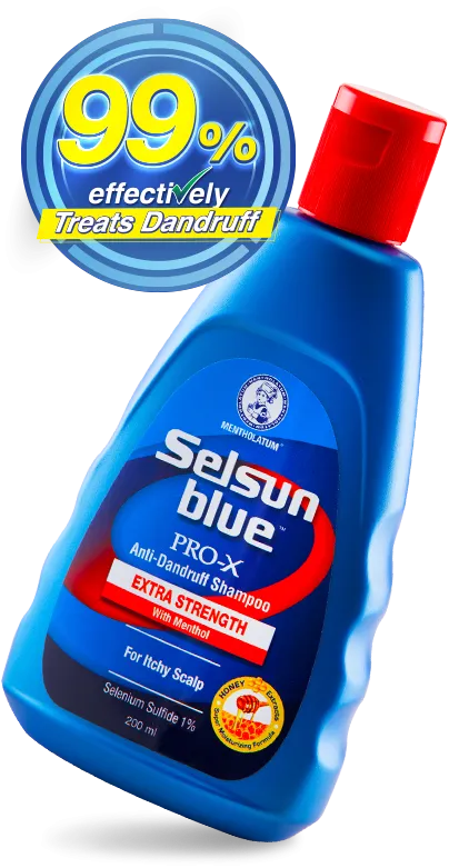 Blue Selsun Blue PRO-X shampoo bottle with red cap and a 99% effectiveness label.
