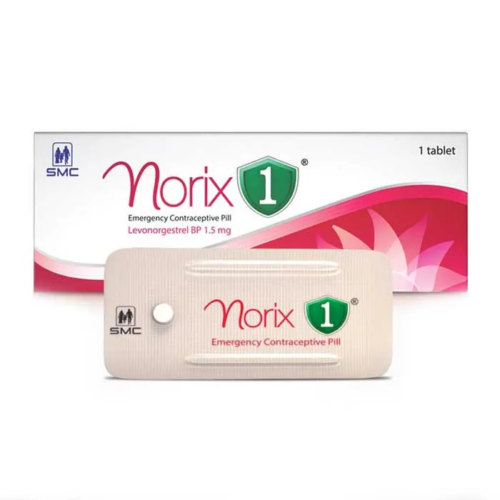 Norix 1 emergency contraceptive pill packaging with a single tablet blister pack.