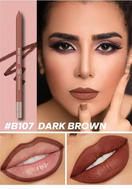 Woman with bold makeup wearing dark brown lipstick, product pencil and lip close-ups shown.