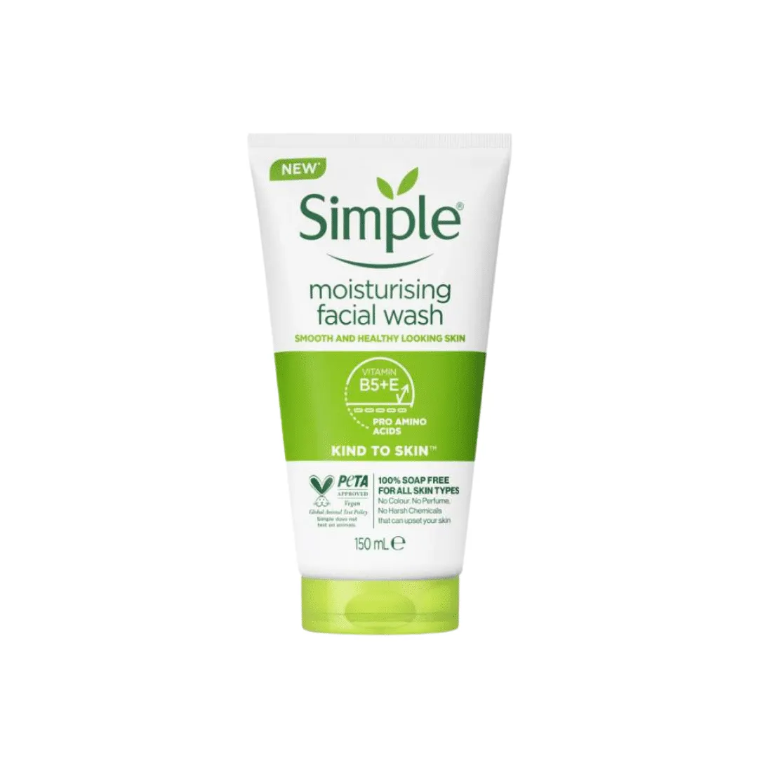 Simple moisturising facial wash in a white and green squeeze tube.