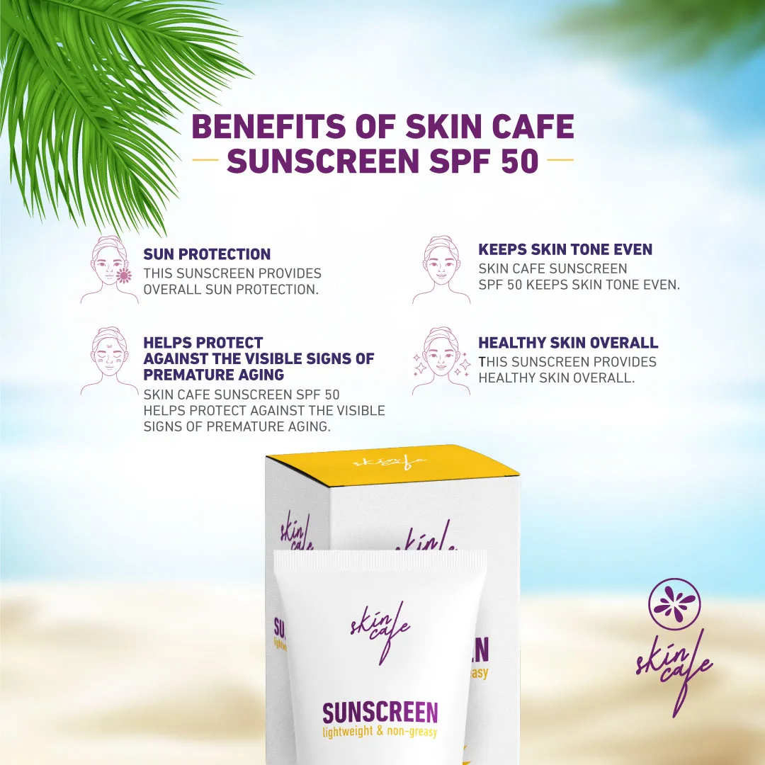 Skin Cafe sunscreen SPF 50 packaging on a sandy beach with palm leaves and blue sky.