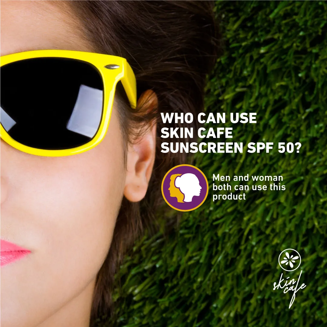 Person wearing yellow sunglasses lying on green grass, promotional skincare graphic.