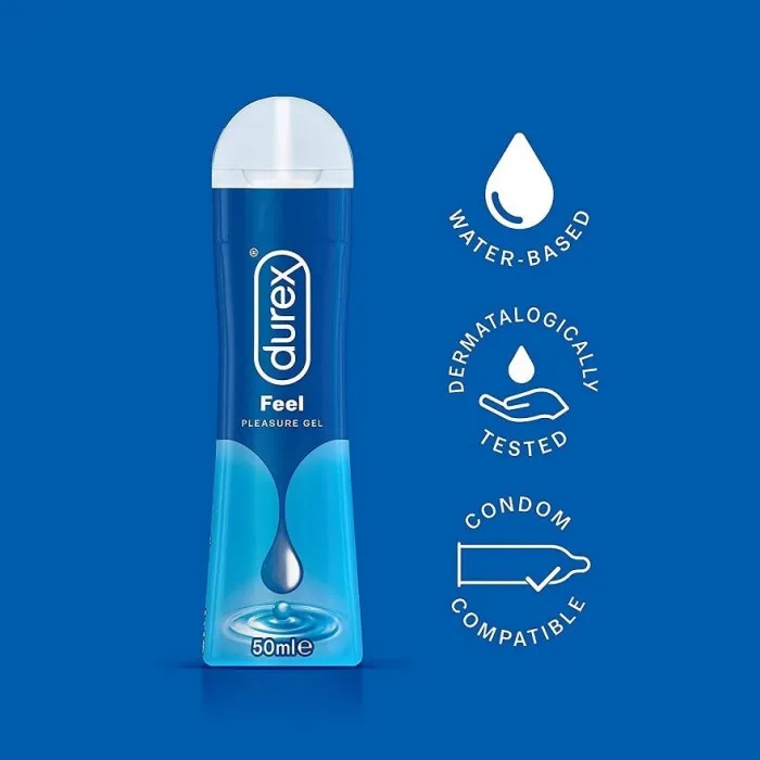 Durex lubricant bottle with water-based, dermatologically tested, and condom compatible icons.