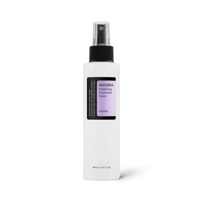 Clear spray bottle with black pump and matching white box on a light purple background.