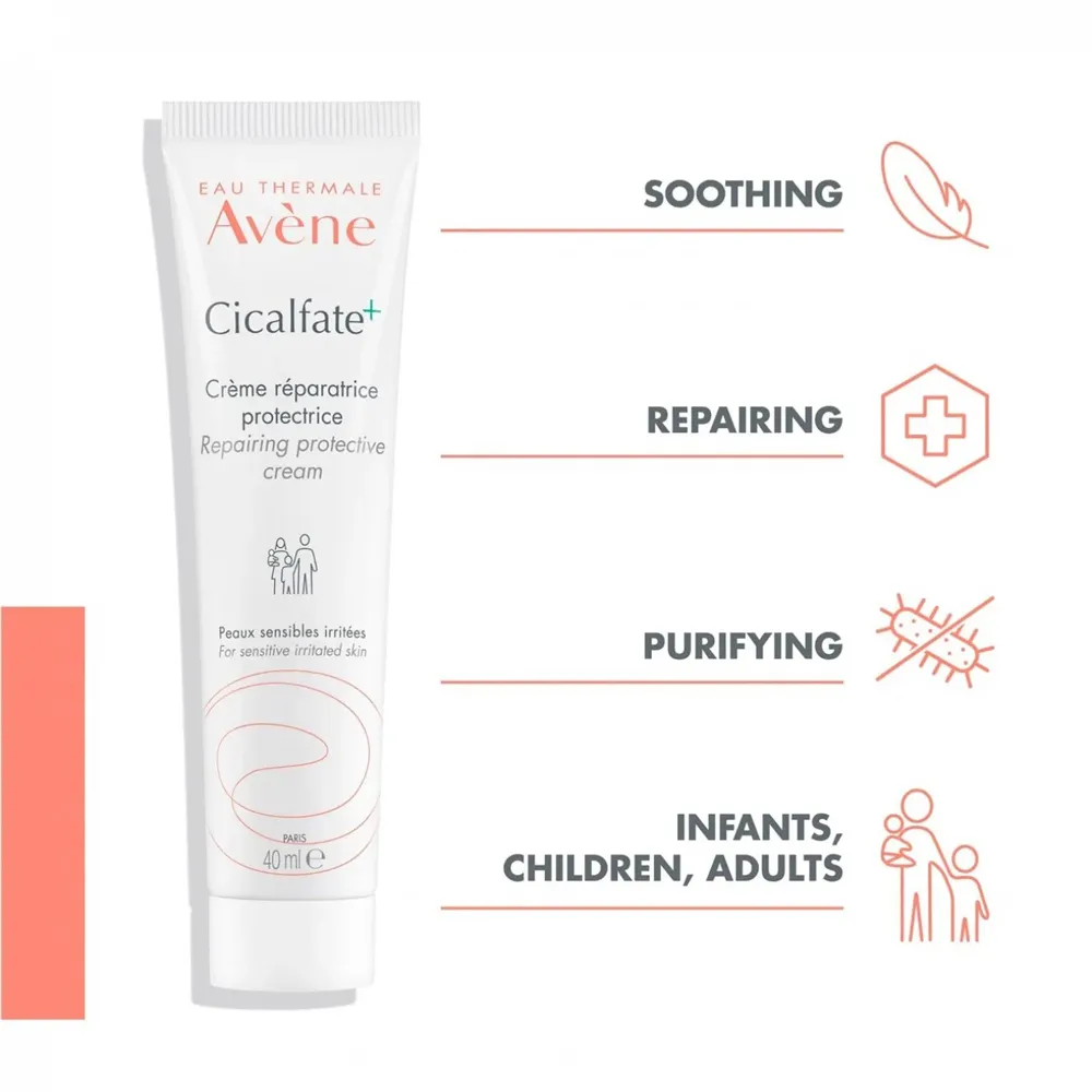 Avene Cicalfate cream tube with icons for soothing, repairing, purifying, and all ages.