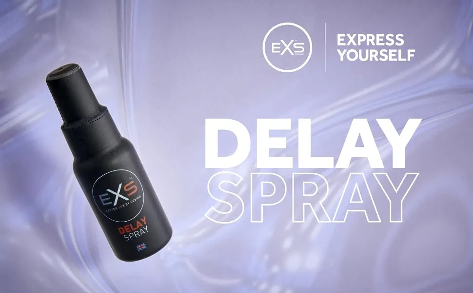 Black FXE Delay Spray bottle on a light purple background with bold white text.