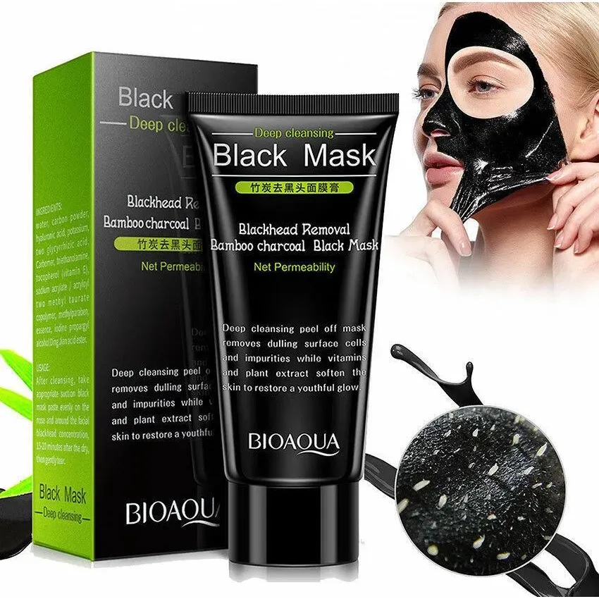 Tube of Bioaqua black mask, packaging box, and a woman peeling off the mask from her face.