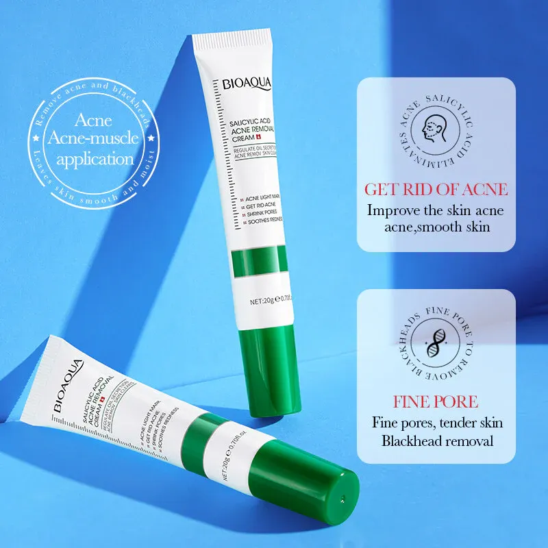 Two white and green skincare tubes on a blue background with skincare benefit icons.