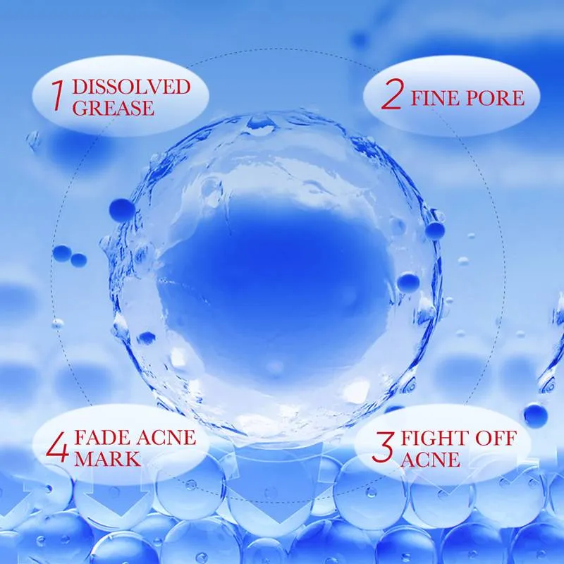 Blue water bubbles with four skincare benefits in numbered circles around a central bubble.