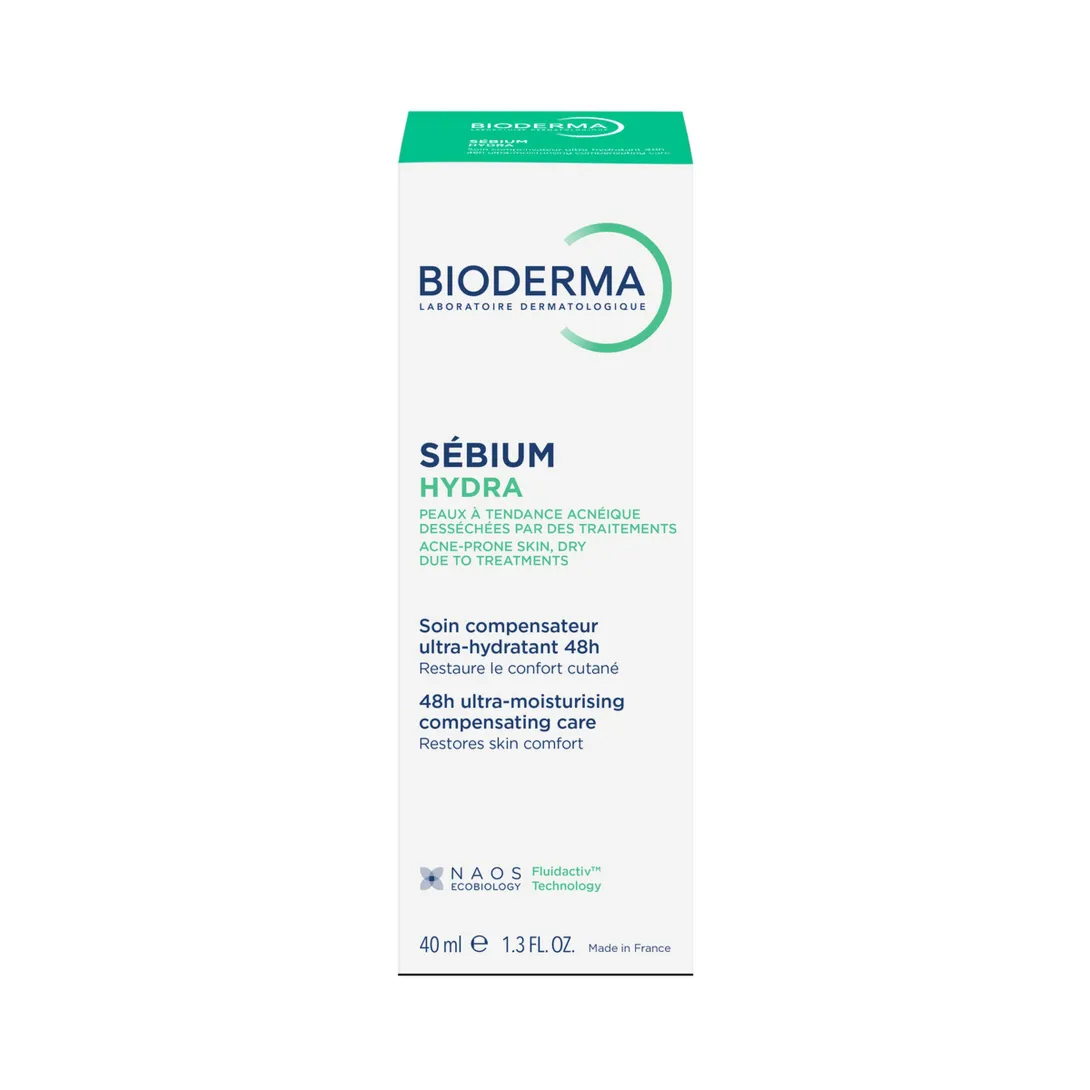 Bioderma Sébium Hydra moisturizer box with green and blue accents on white packaging.