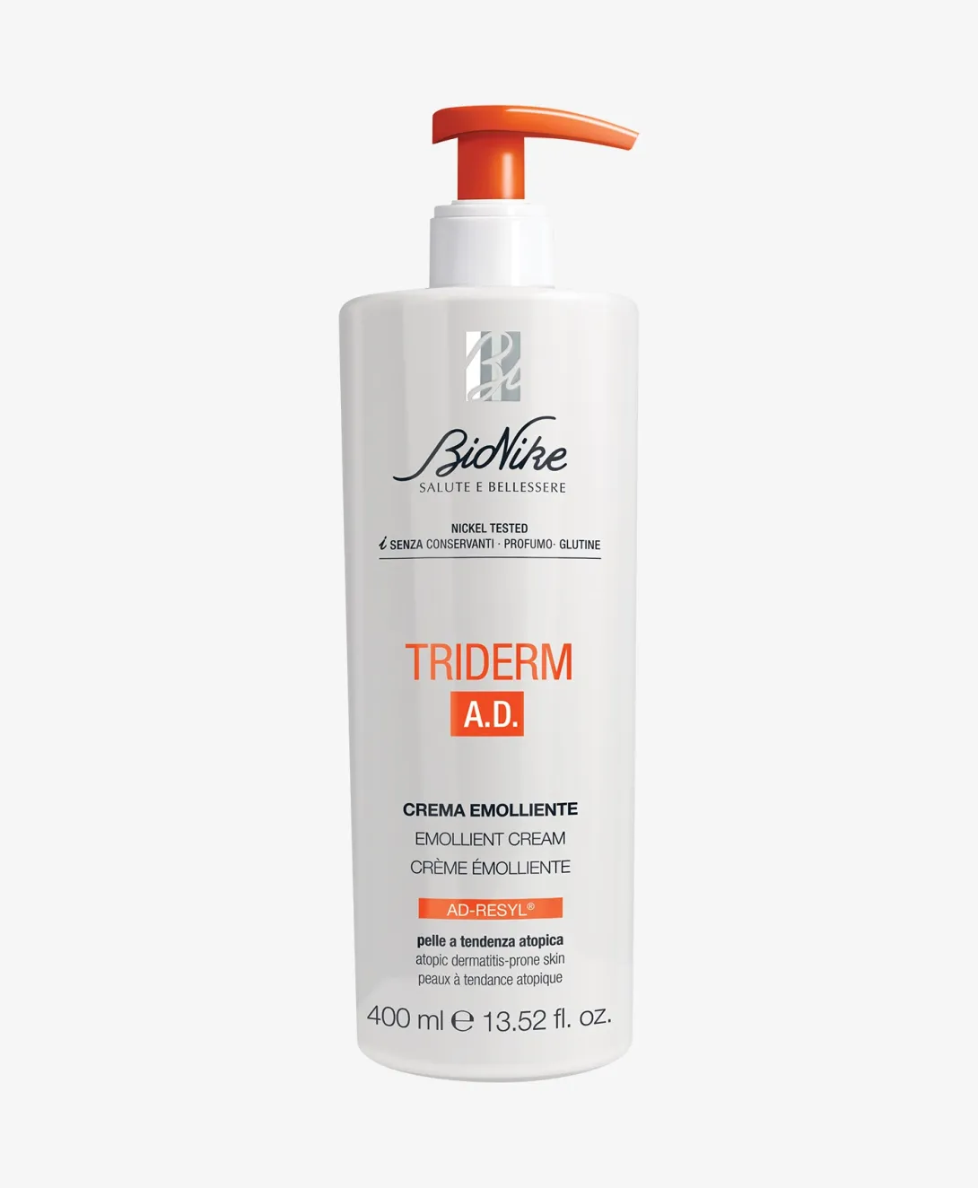 White Biothrive Triderm A.D. lotion bottle with orange pump dispenser.