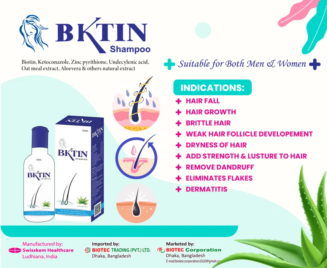 BKtin shampoo bottle and box with hair and scalp graphics, benefits listed, green and blue accents.