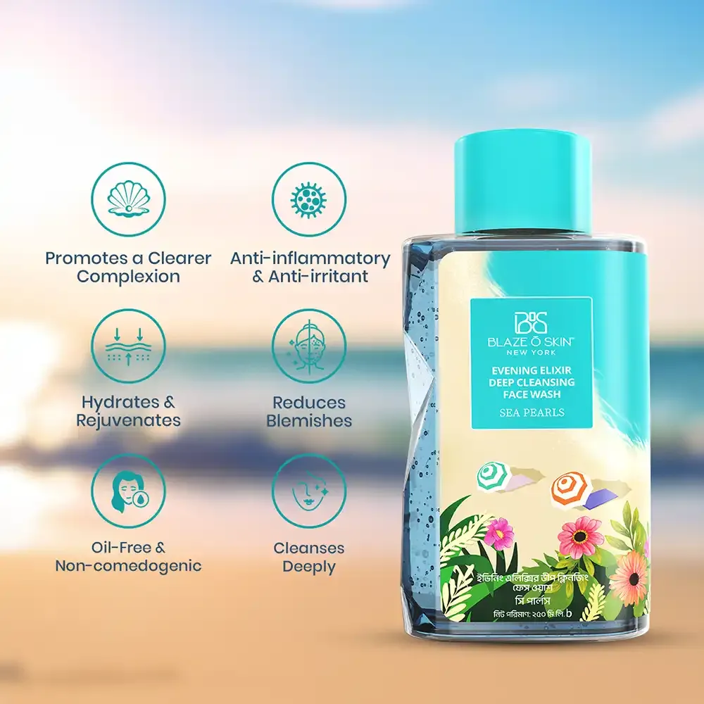 Clear skincare bottle with turquoise cap and floral label on a beach background.