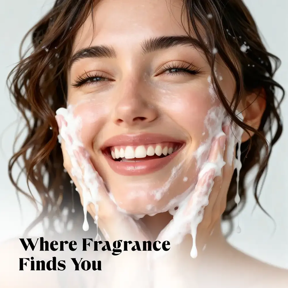 Smiling woman with wet hair washing her face with foamy cleanser.