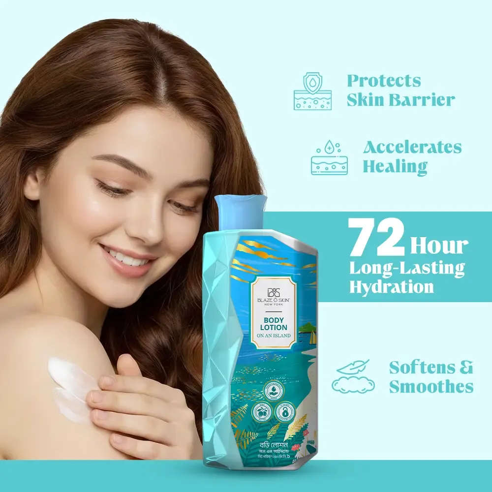Smiling woman applying lotion to shoulder next to blue skincare lotion bottle and hydration claims.