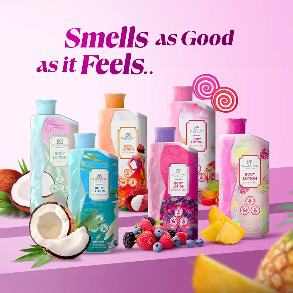 Colorful bottles of body wash with fruits like coconut, berries, and pineapple on a pink background.
