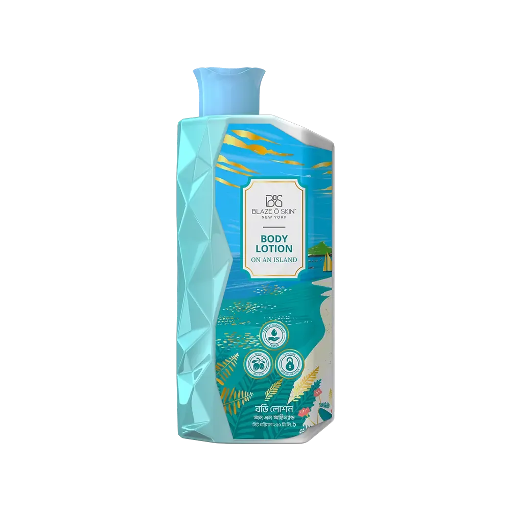 Blue and turquoise body lotion sachet with geometric design and product label.