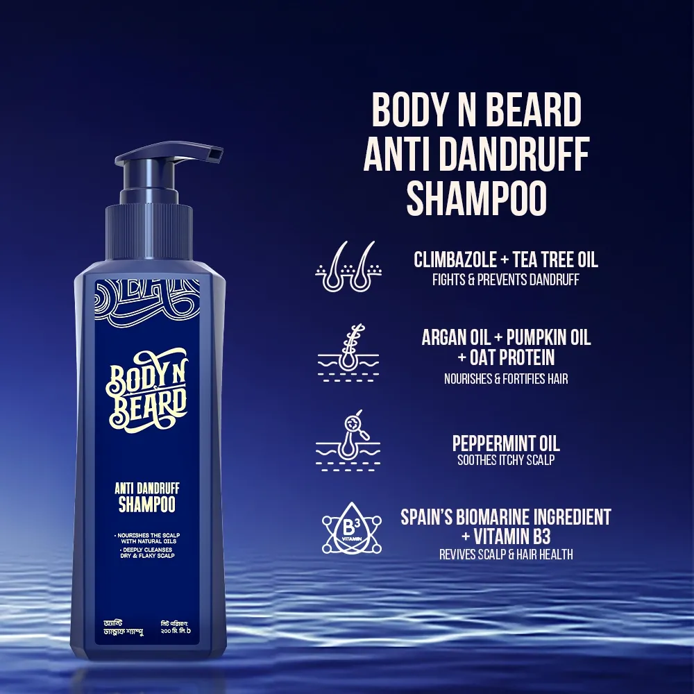 Blue Body N Beard anti-dandruff shampoo bottle with ingredient highlights on a dark background.
