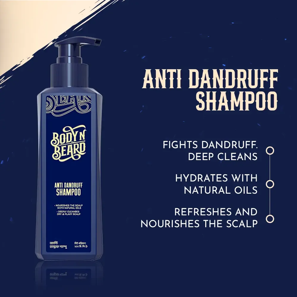 Dark blue bottle of anti-dandruff shampoo with text highlighting its benefits.
