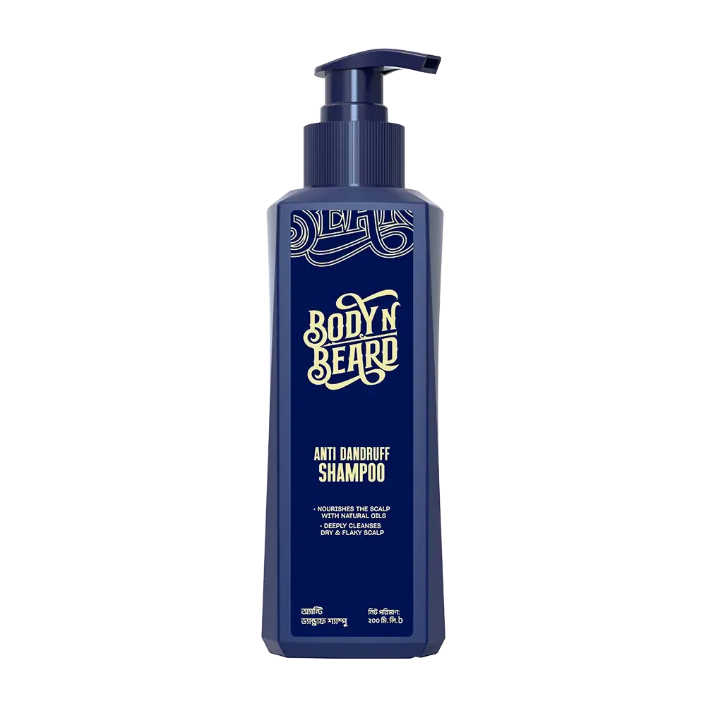 Blue pump bottle labeled Body & Beard Last Warrior Shampoo.