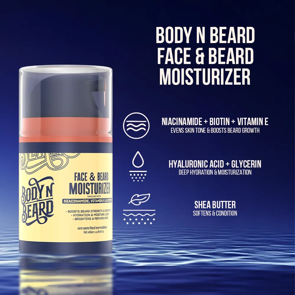 Body N Beard face and beard moisturizer bottle with water ripple background and ingredient highlights.