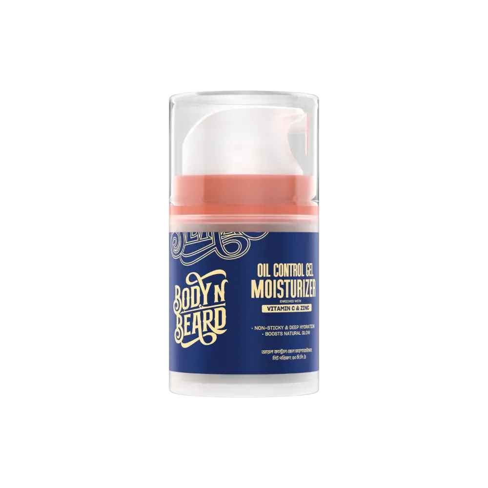 Beard grooming product in a clear pump bottle with blue and orange label.