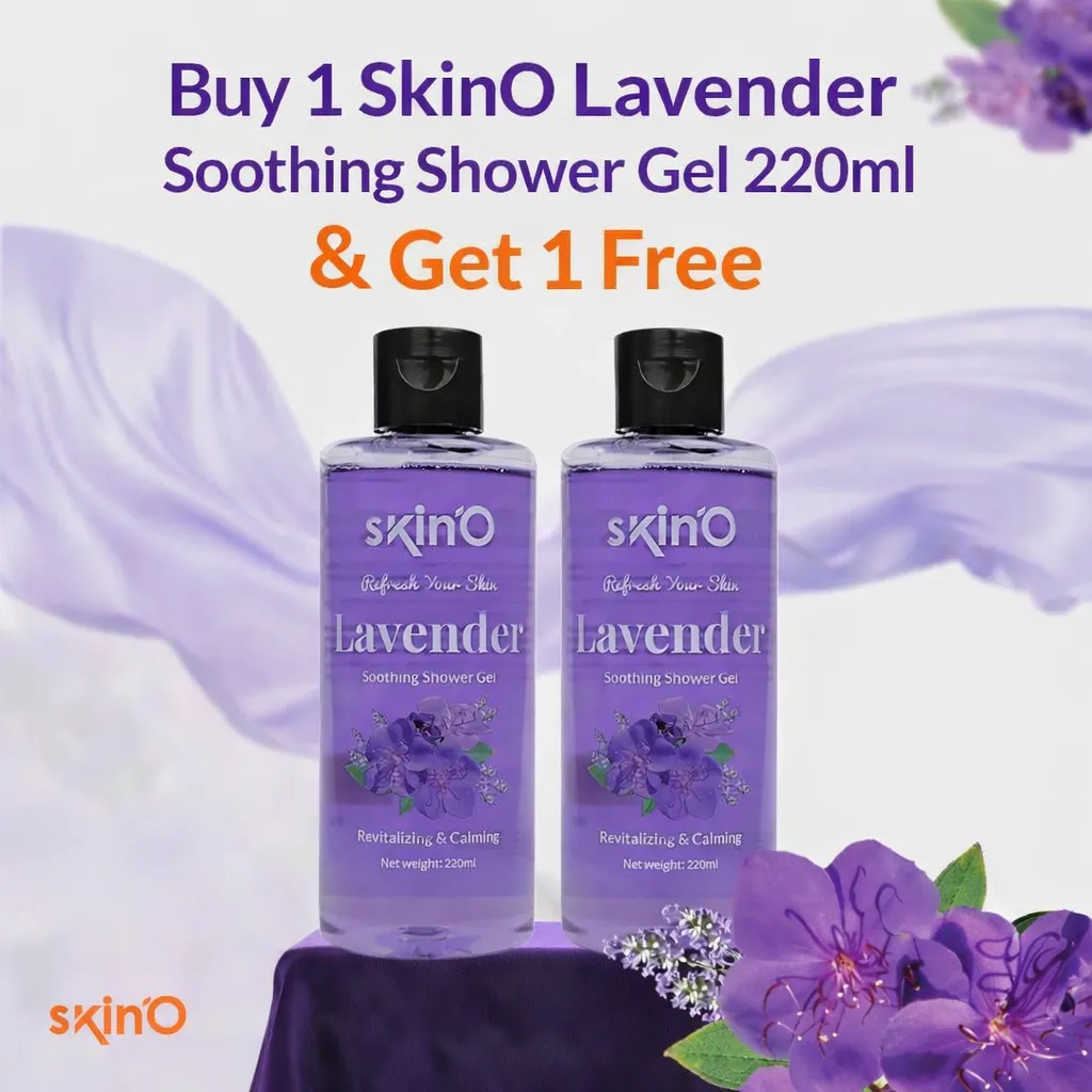 Two bottles of SkinO Lavender shower gel with purple flowers and fabric in the background.