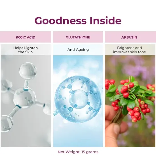 Molecule structure, a blue sphere, and a hand holding red berries divided into three sections.