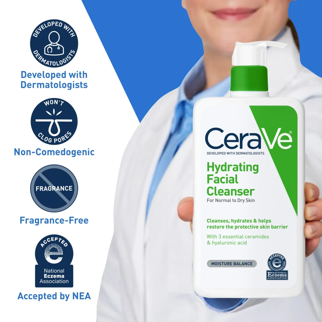 Person in a lab coat holding a bottle of CeraVe Hydrating Facial Cleanser.