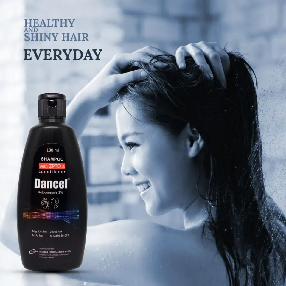 Woman washing hair with Banecal shampoo bottle in foreground.