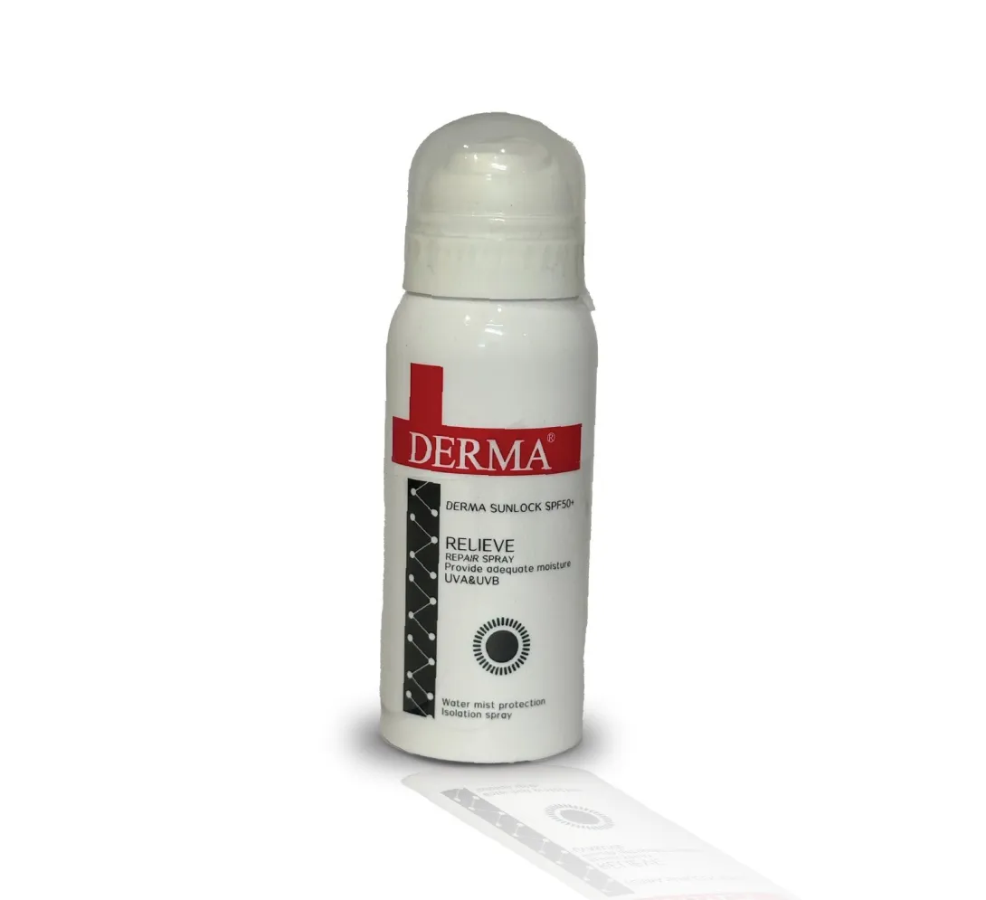 White Derma spray bottle with a clear cap and red label, standing on a white background.