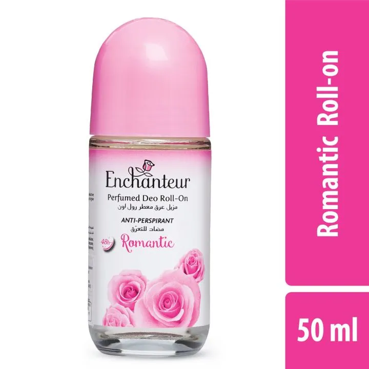 Enchanteur Romantic Roll-On deodorant with pink roses and a pink cap, 50 ml.