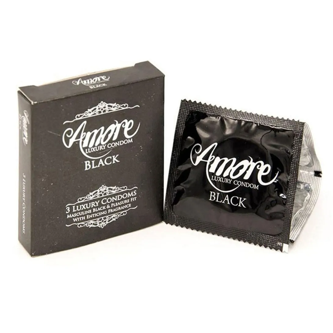 Amore Black condom box and one individual black wrapper.