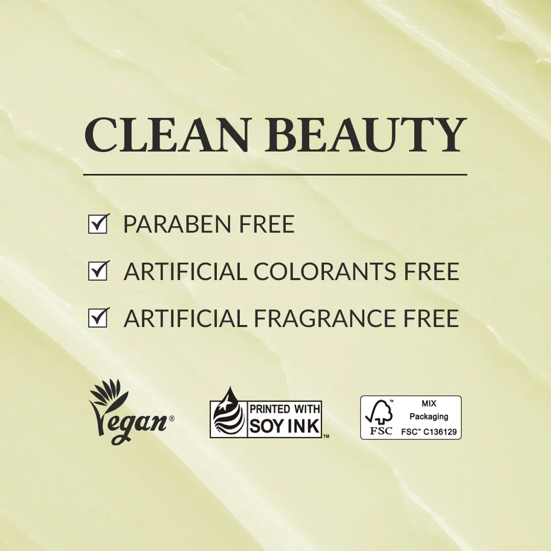 Clean beauty product claims with vegan, soy ink, and eco-friendly packaging logos on light background.