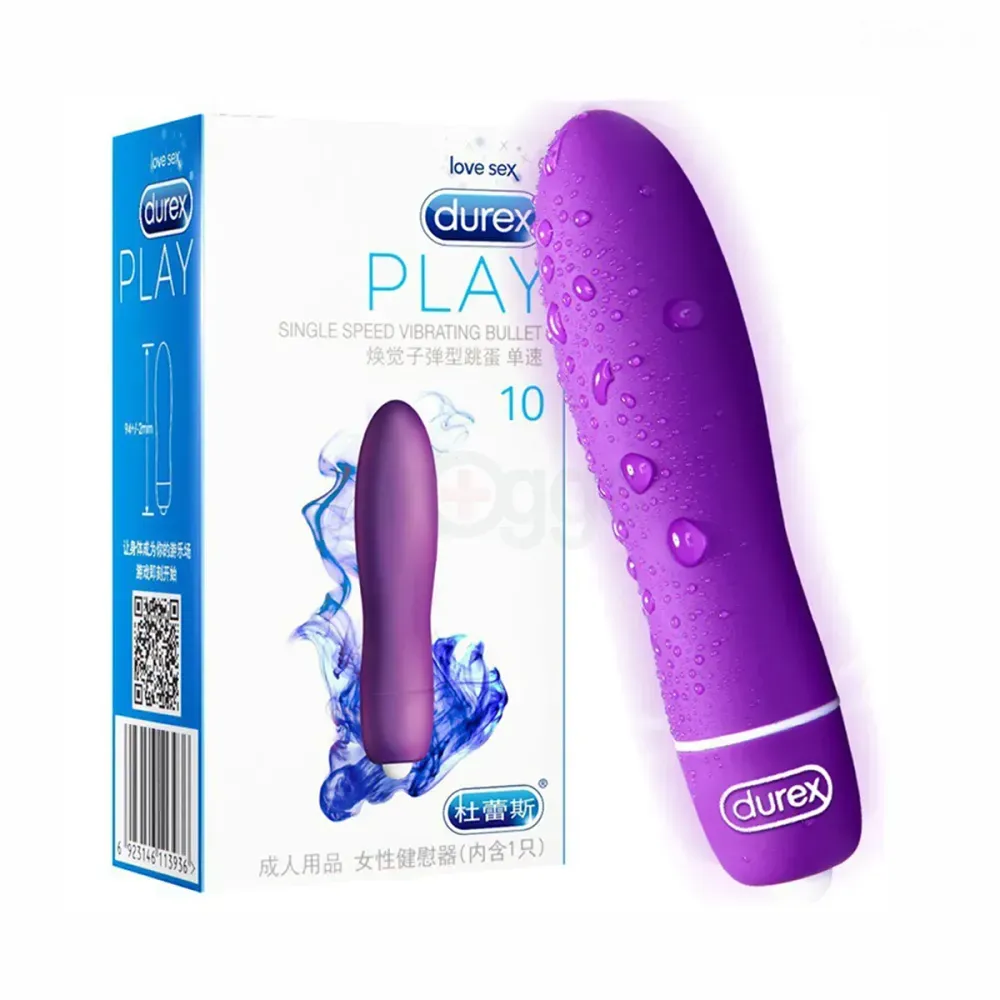 Purple Durex vibrator with white accent next to branded blue and white packaging.