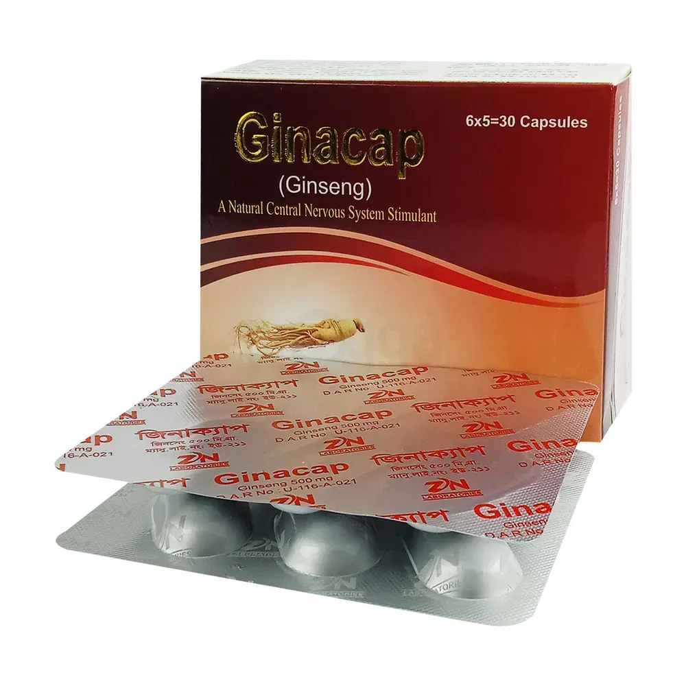 Box of Ginacap ginseng capsules with a blister pack in front.