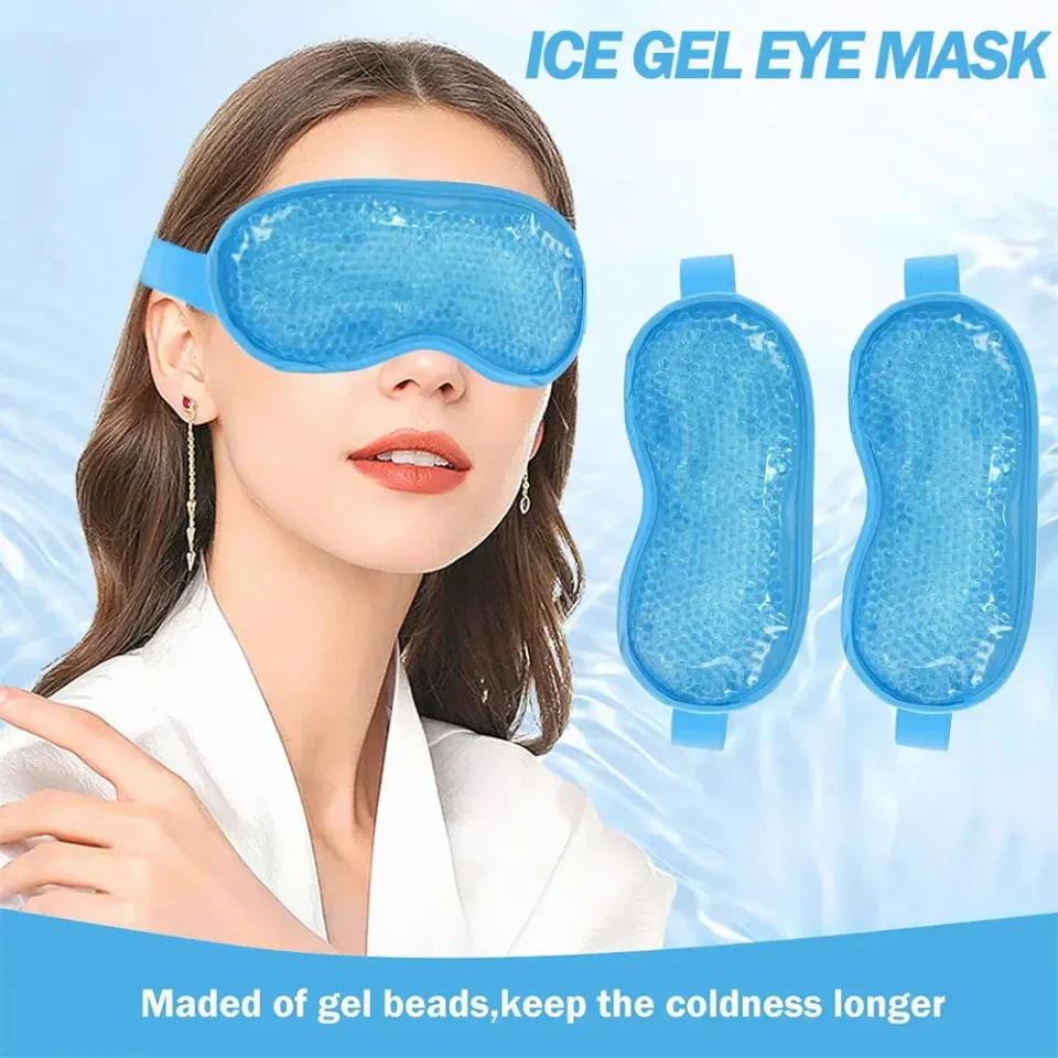 Woman wearing a blue gel eye mask with two additional masks shown on the side.