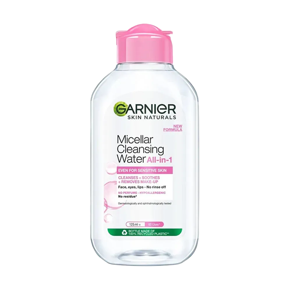 Garnier Micellar Cleansing Water bottle with pink cap and clear liquid inside.